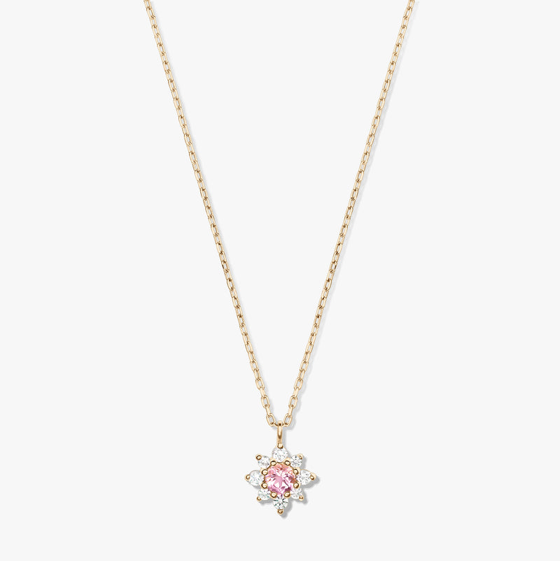 Elegant 14K yellow gold necklace with a delicate chain and a floral pendant featuring a pink morganite center surrounded by white sapphires on a white background.