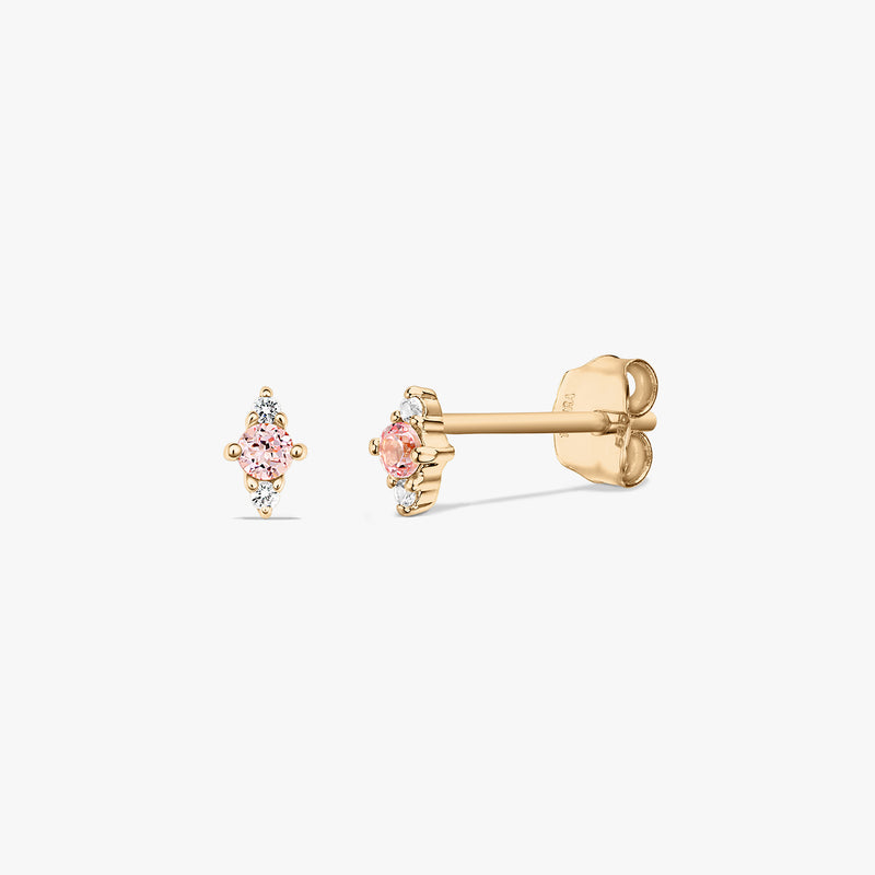 Pair of 14k yellow gold stud earrings with a pink morganite center and white sapphire accents shown on a white background, front and side views.