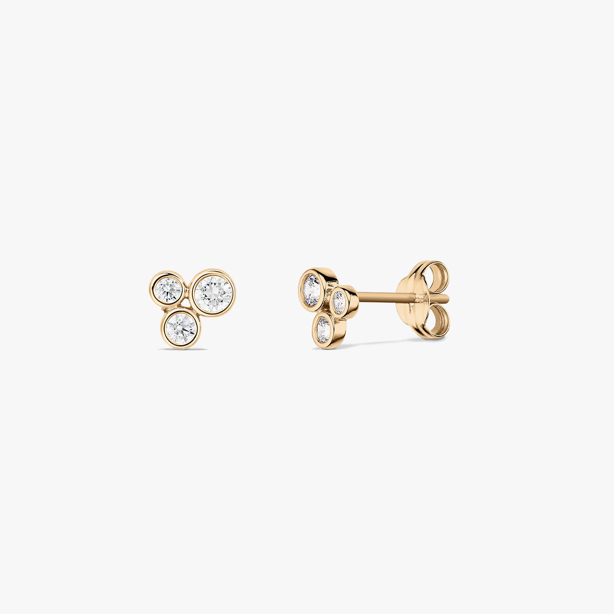 Pair of 14K yellow gold bubble stud earrings with three bezel‑set round white zirconia, shown front and side on a white background.
