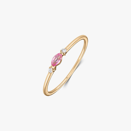 14k yellow gold ring featuring a marquise-cut pink sapphire between two small round natural diamonds on a white background.
