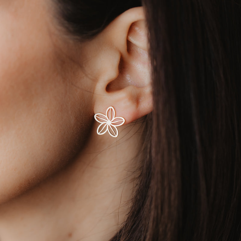 Close-up of an ear with a delicate 14K yellow gold openwork flower stud earring.