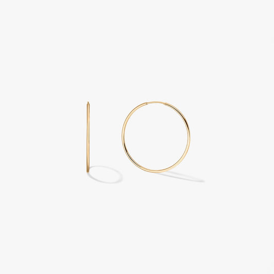 Pair of mini 14k yellow gold hoop earrings on a white background, one shown from the front and one in side profile.