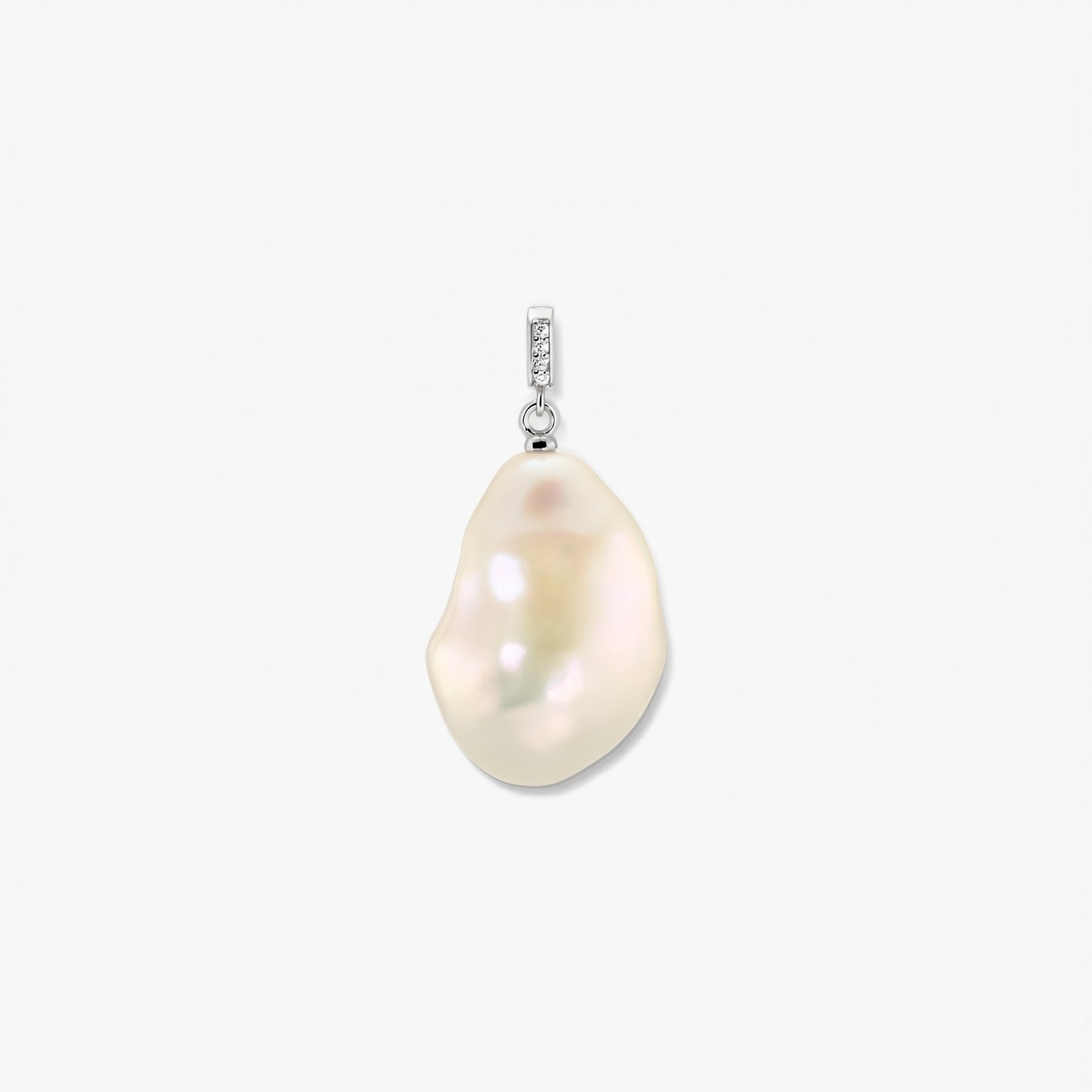 Elegant rhodium-plated baroque pearl pendant with a zirconia-accented bail, centered on a clean white background.