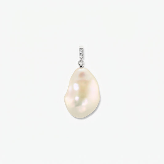 Elegant rhodium-plated baroque pearl pendant with a zirconia-accented bail, centered on a clean white background.