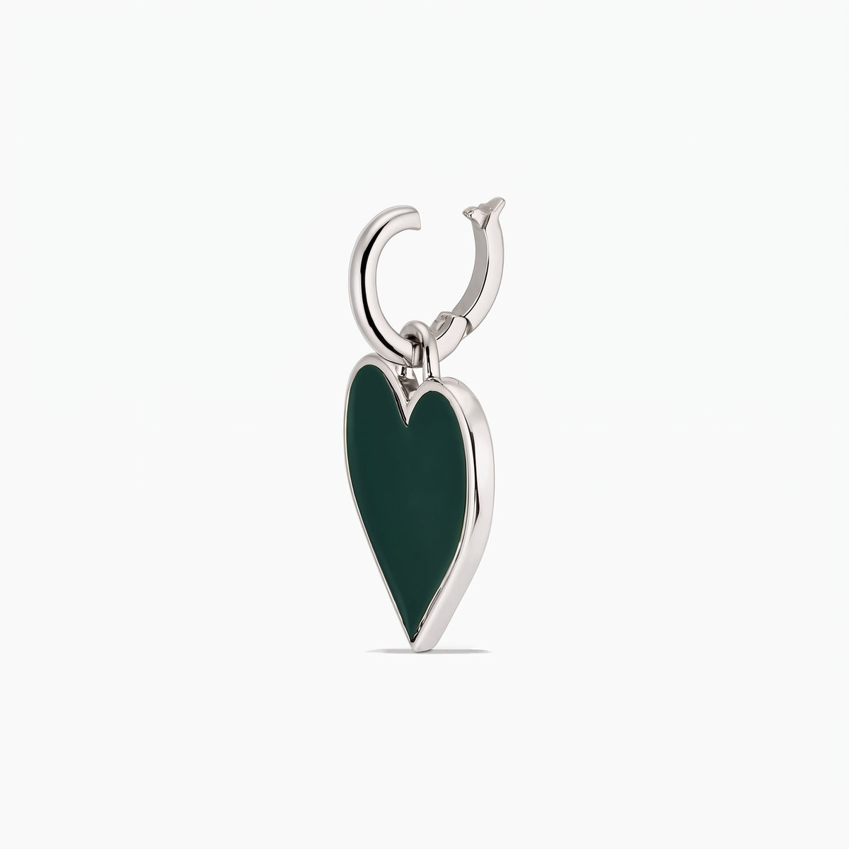 Silver heart pendant with deep green inlay on a hoop bail, isolated on a white background.