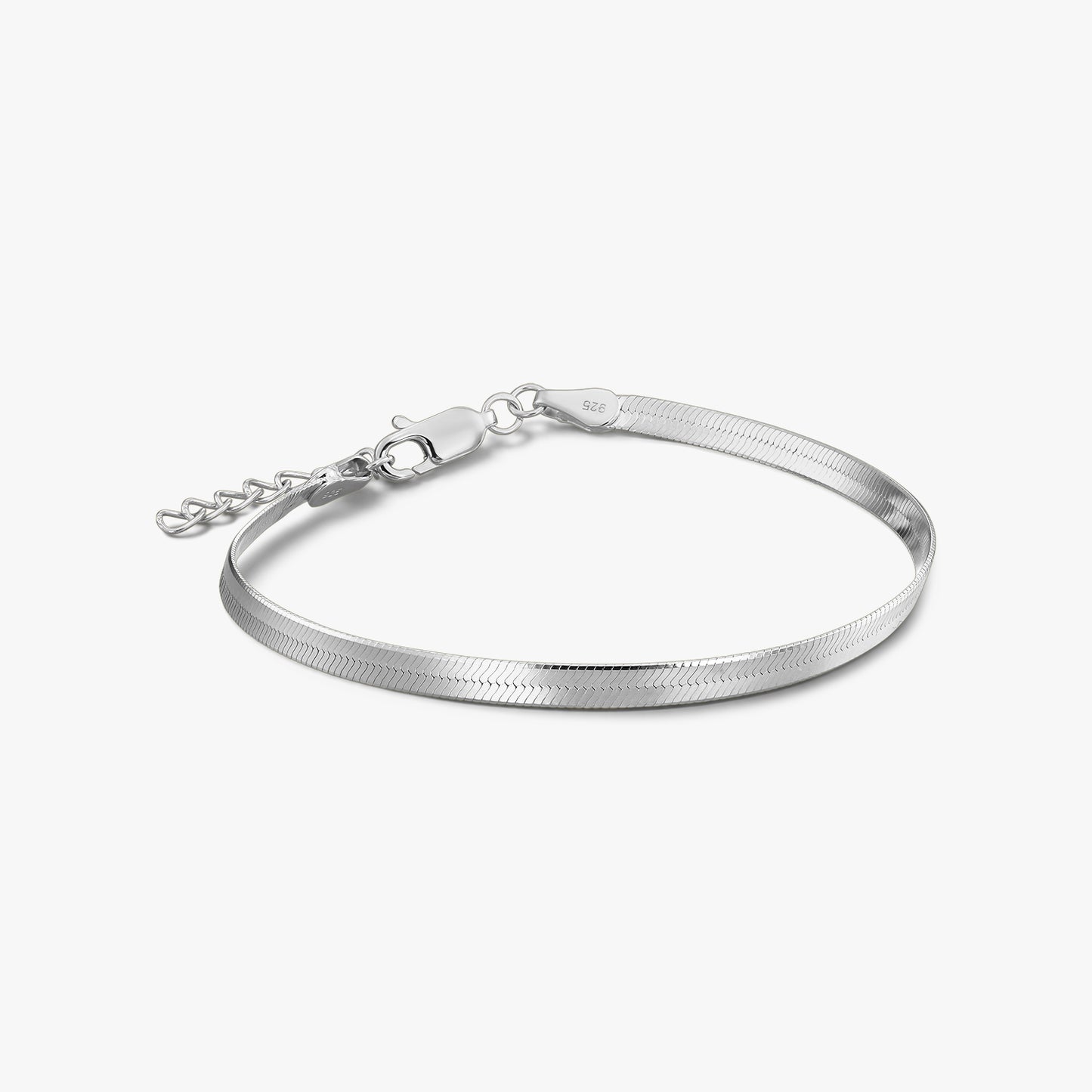 Sleek silver herringbone bracelet with adjustable extender and secure lobster clasp on a white background.