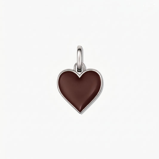 Rhodium-plated 925 sterling silver heart pendant featuring a glossy brown enamel center, isolated on a white background.