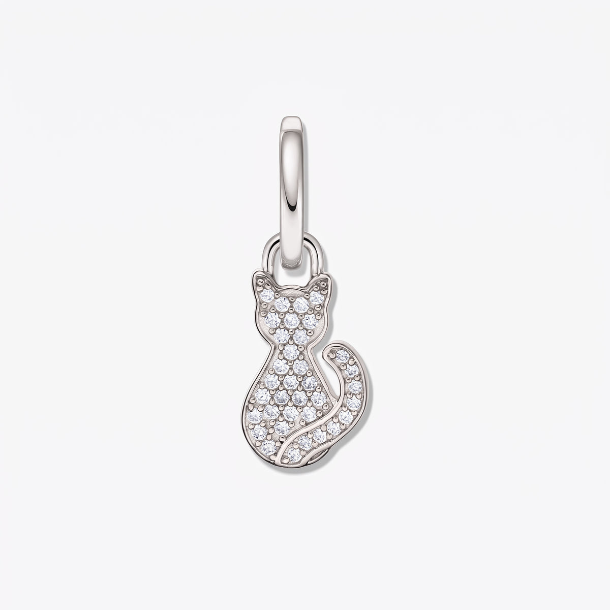 Rhodium-plated 925 silver cat-shaped pendant set with white zirconia pavé, photographed on a white background.