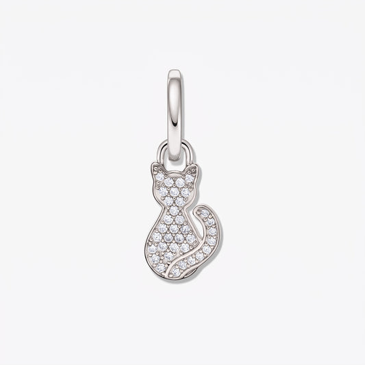Rhodium-plated 925 silver cat-shaped pendant set with white zirconia pavé, photographed on a white background.