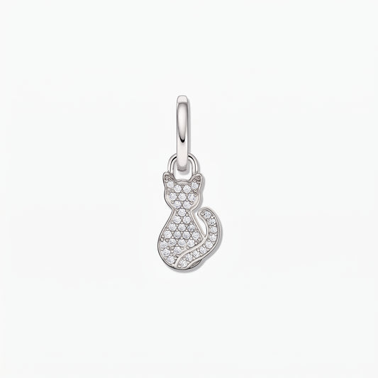 Rhodium-plated 925 sterling silver cat silhouette pendant with pavé white zirconia on a white background.