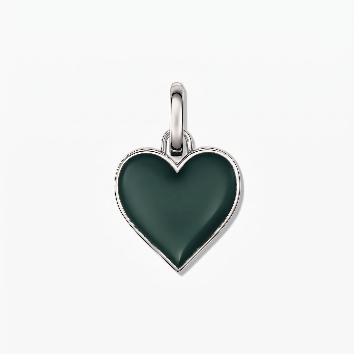 Rhodium-plated 925 silver heart pendant with a deep green inlay, centered on a white background.