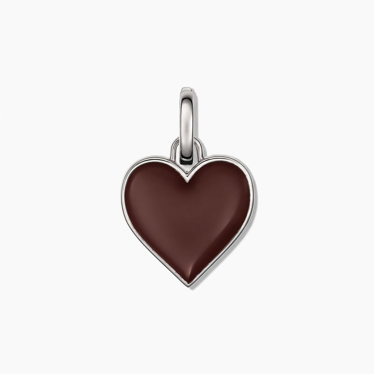 Sterling silver heart pendant with glossy brown enamel center on a white background.