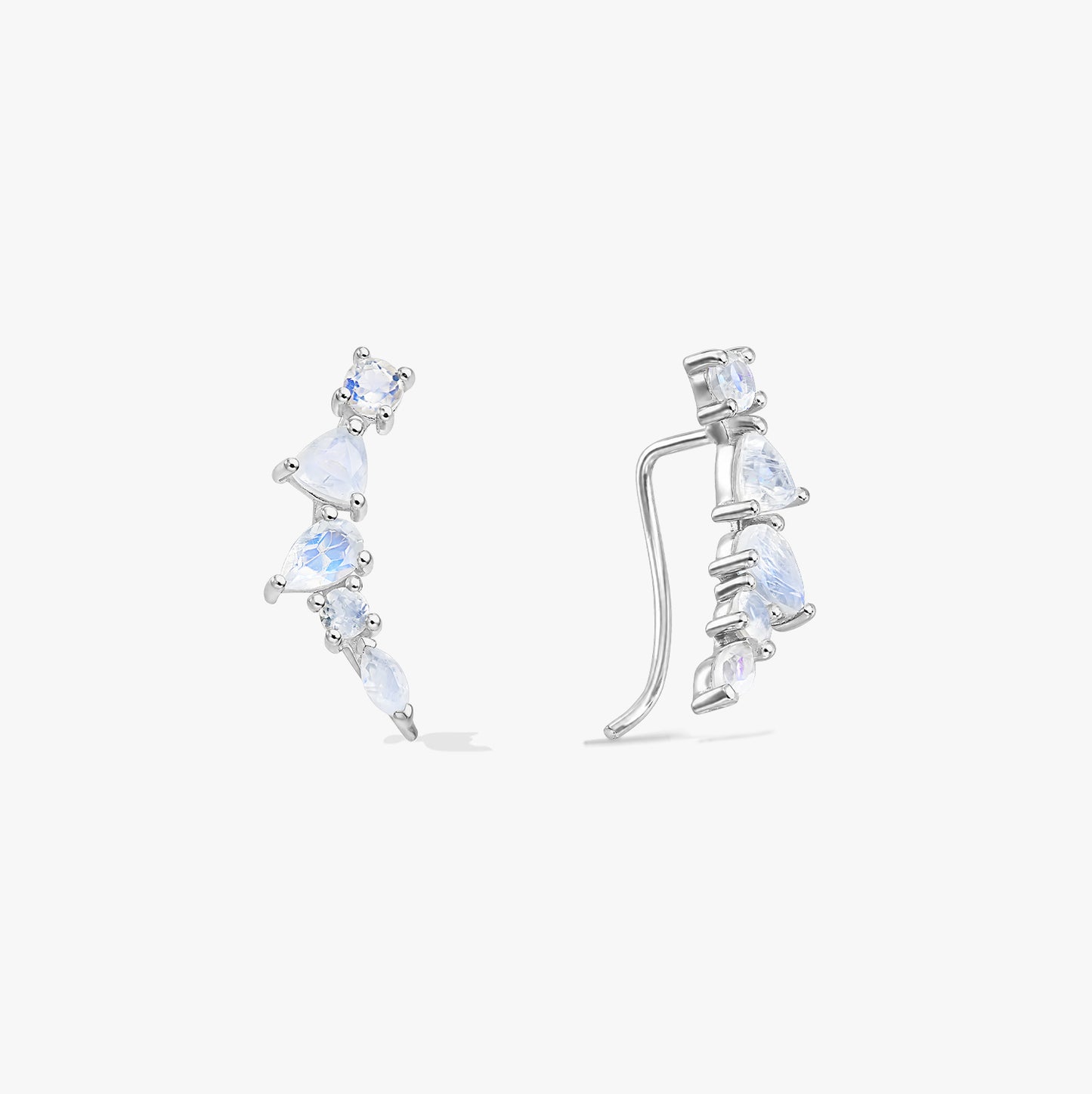 Elegant pair of sterling silver moonstone ear climber earrings, shown in front and side views on a white background.