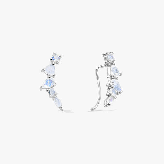 Elegant pair of sterling silver moonstone ear climber earrings, shown in front and side views on a white background.