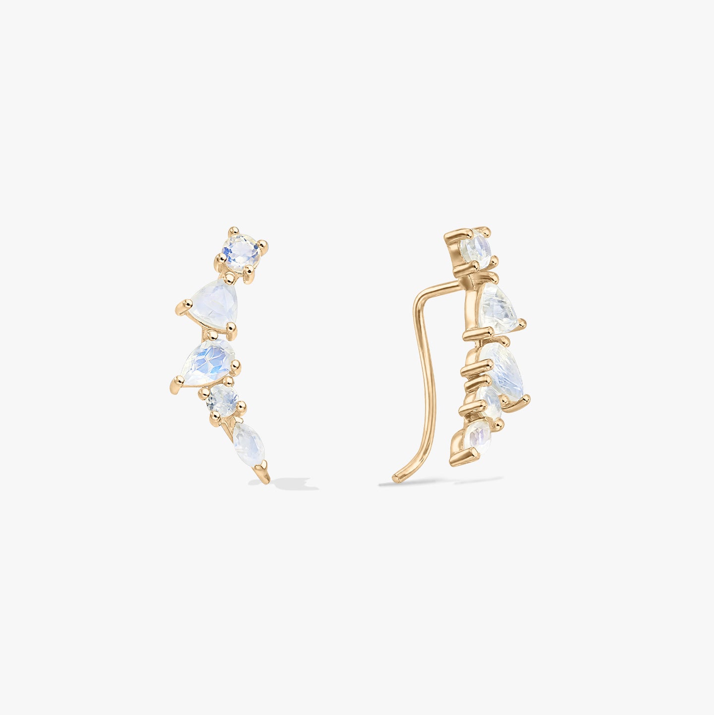 Elegant pair of gold‑tone 925 silver moonstone ear climber cuff earrings on a white background, shown in front and side views with mixed‑cut stones.