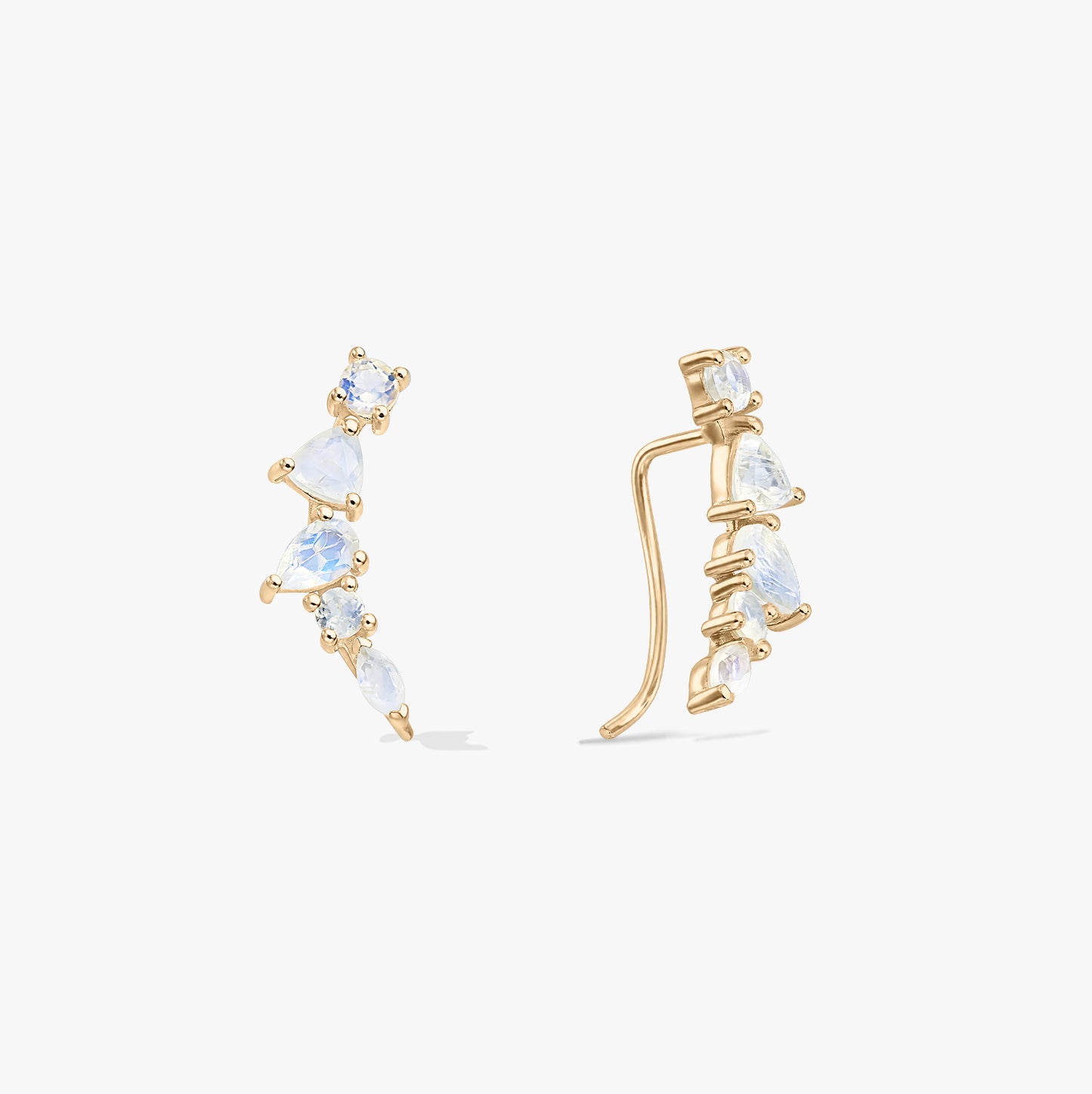 Elegant pair of gold‑tone 925 silver moonstone ear climber cuff earrings on a white background, shown in front and side views with mixed‑cut stones.