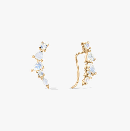 Elegant pair of gold‑tone 925 silver moonstone ear climber cuff earrings on a white background, shown in front and side views with mixed‑cut stones.