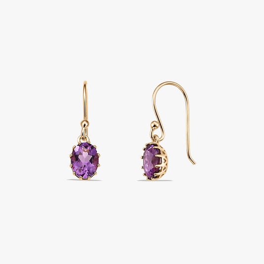 Pair of gold-plated sterling silver drop earrings featuring oval faceted amethyst stones, displayed front and side on a white background.
