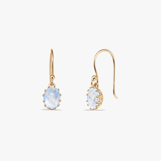 Pair of gold‑plated sterling silver drop earrings with oval moonstone gemstones shown on a white background, front and side views.