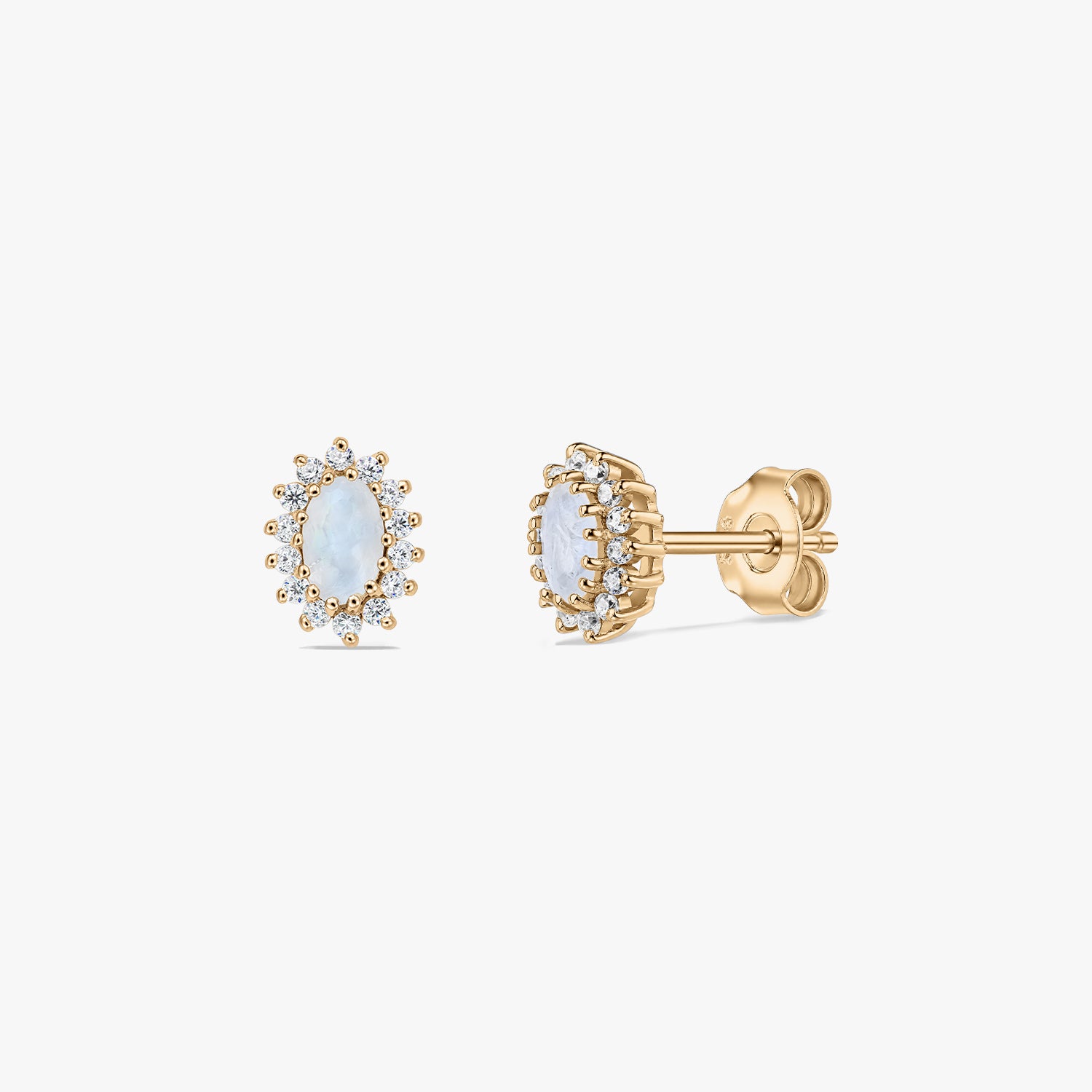 Pair of gold‑plated sterling silver stud earrings with oval moonstone centers and a halo of small white stones, shown on a white background in front and side views.