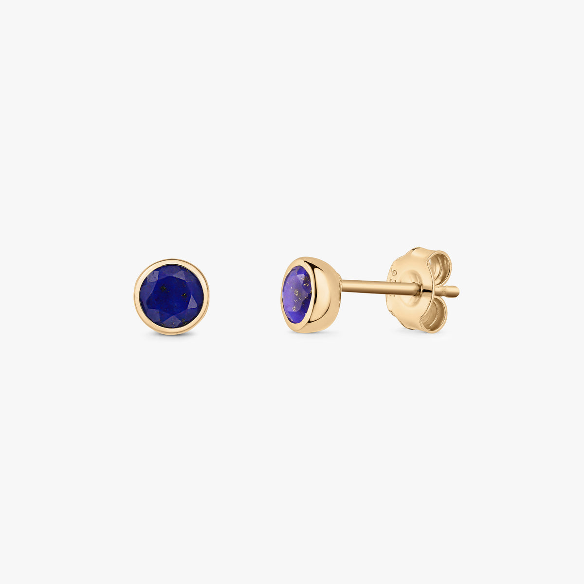 Round lapis lazuli bezel‑set stud earrings in gold‑plated 925 silver, shown front and side with butterfly backs on a white background.
