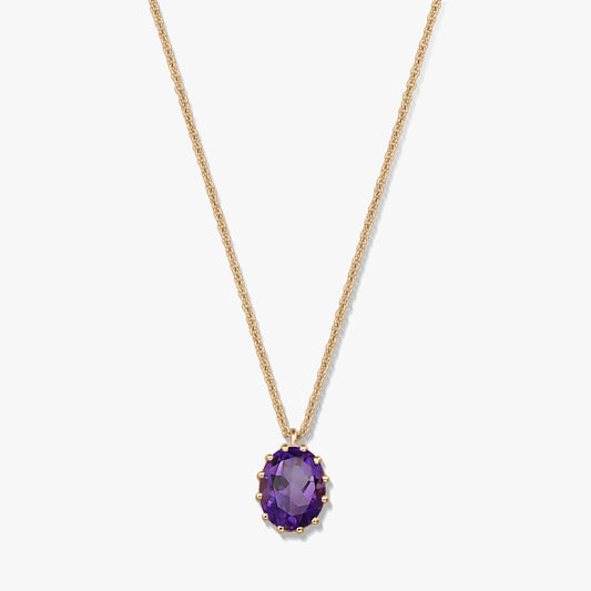 Gold-plated 925 silver necklace with a faceted oval amethyst pendant on a white background.