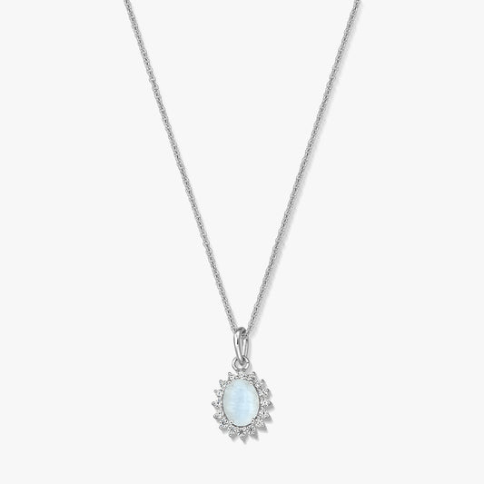 Sterling silver necklace with an oval moonstone pendant framed by a delicate halo, photographed on a white background.