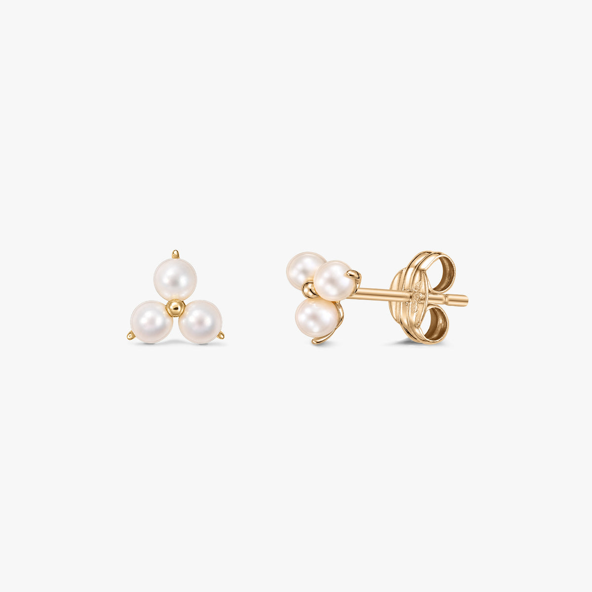 Pair of Pointe gold stud earrings featuring a cluster of three white cultured pearls arranged in a triangle, displayed front and side on a white background with butterfly backs.