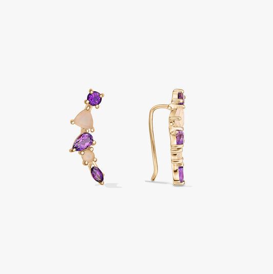 Elegant pair of gold‑plated sterling silver ear climbers set with purple amethyst and pale pink chalcedony, shown in front and side views on a white background.