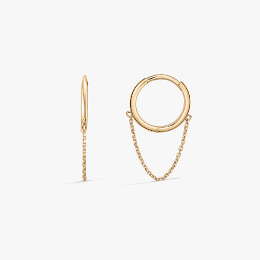 Gold chained hoop earrings on a white background, shown from the front and side with delicate chain details.
