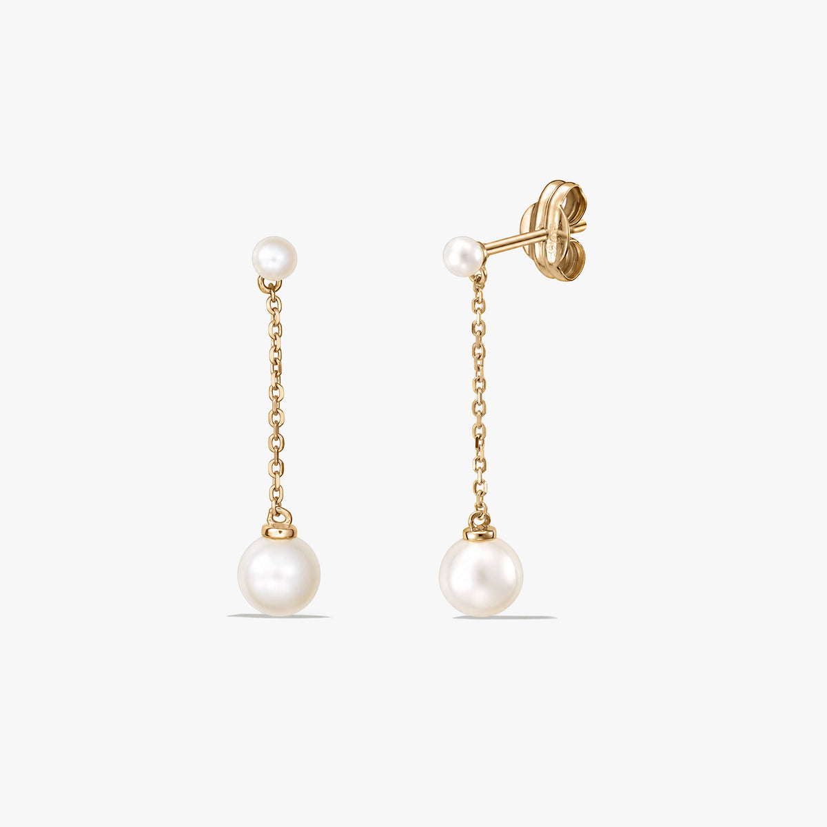 Pair of gold chain drop stud earrings with cultured pearl pendants on a white background.