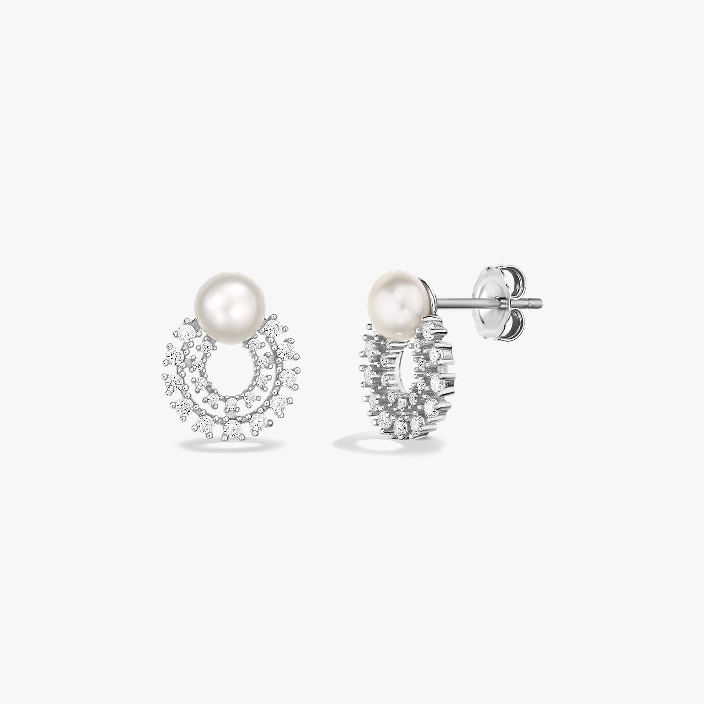 Elegant 925 sterling silver stud earrings featuring a natural pearl atop a sparkling white cubic zirconia halo, shown from the front and side on a white background.