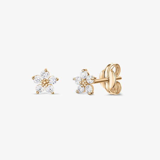 Pair of small gold floral stud earrings adorned with clear zirconia stones, displayed from front and side views with butterfly backs on a white background.