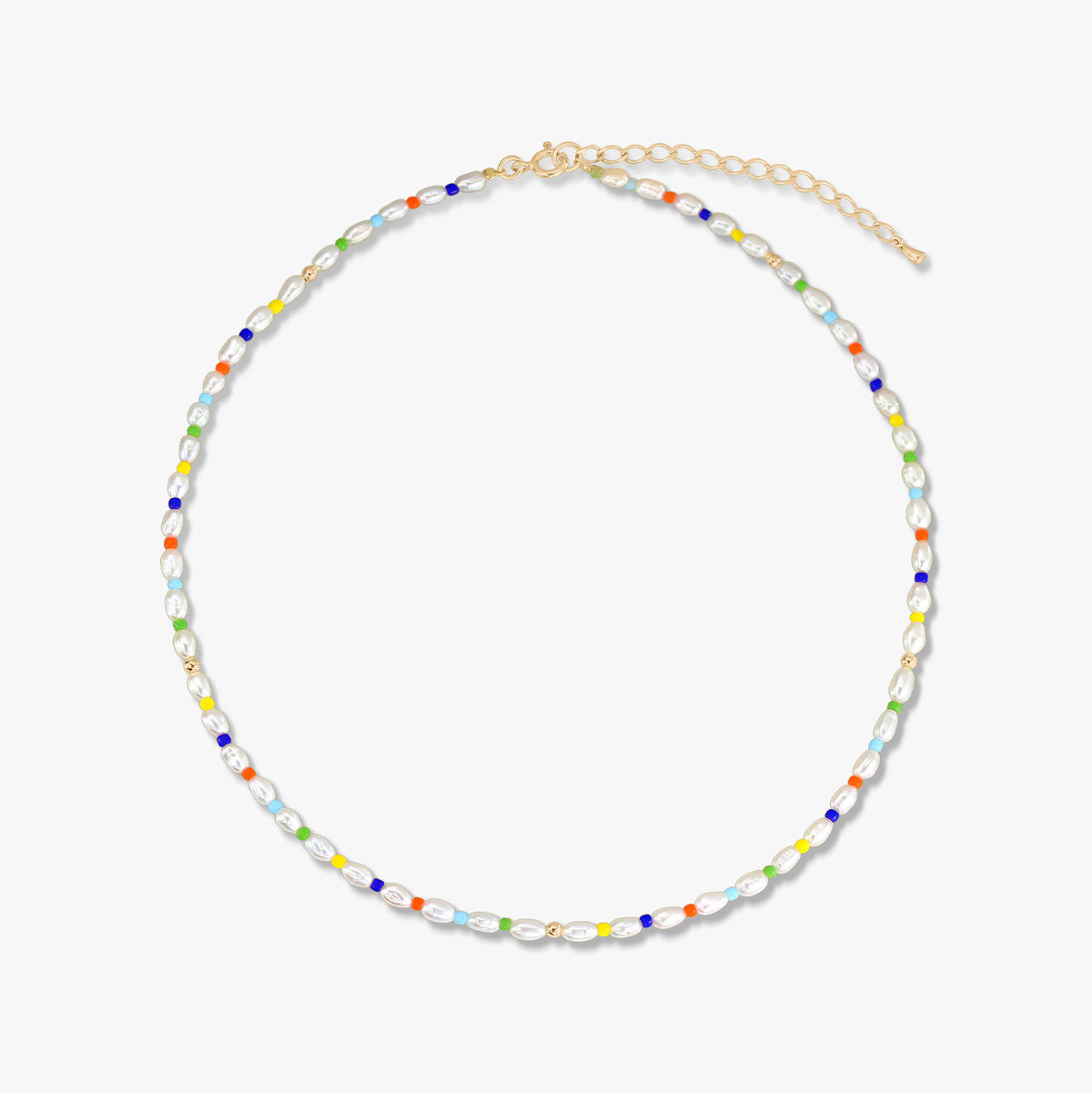 Delicate, elegant gold-plated sterling silver necklace with small cultured pearls and multicolored beads, finished with an adjustable extender chain, shown on a white background.