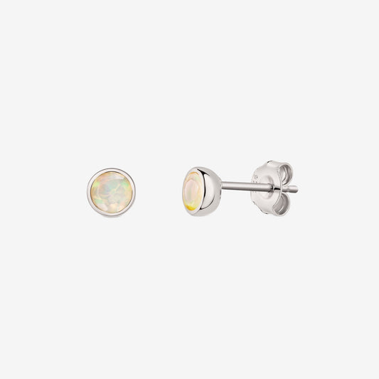 Pair of 925 sterling silver October birthstone stud earrings featuring round bezel-set opals; one shown front view and one side view with butterfly back on a white background.