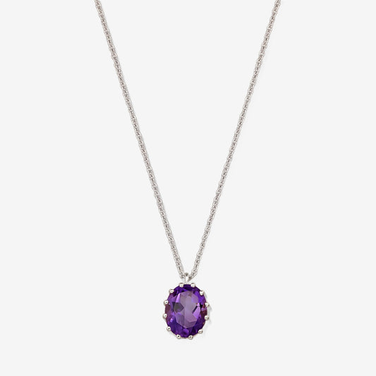 Sterling silver necklace featuring an oval faceted amethyst pendant on a white background.