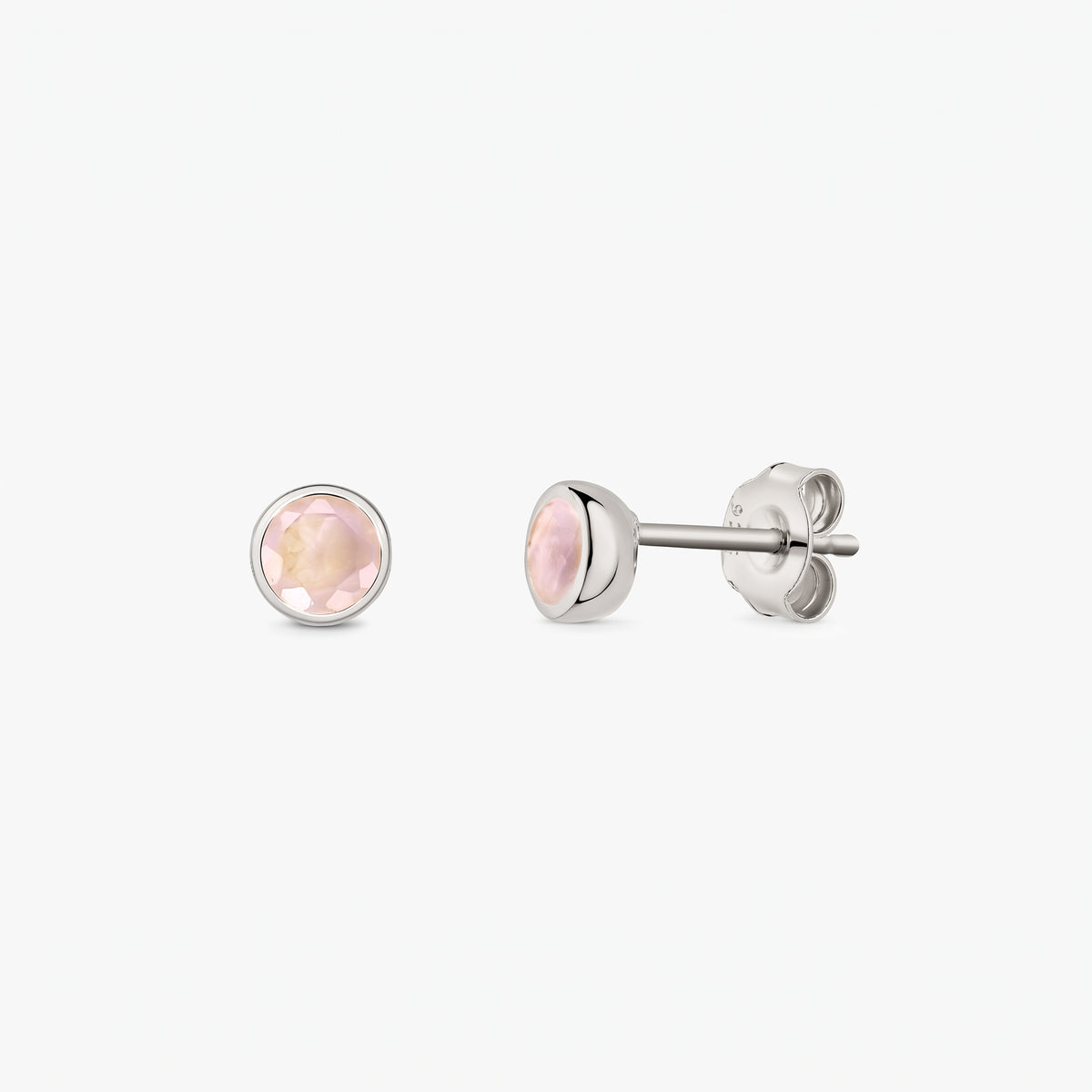 Elegant 925 sterling silver stud earrings featuring round faceted rose quartz, shown front and side on a white background with butterfly backs.