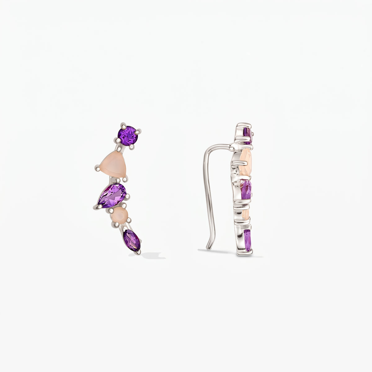 Pair of sterling silver ear climber earrings featuring purple amethyst and blush chalcedony gemstones, shown in front and side views on a white background.