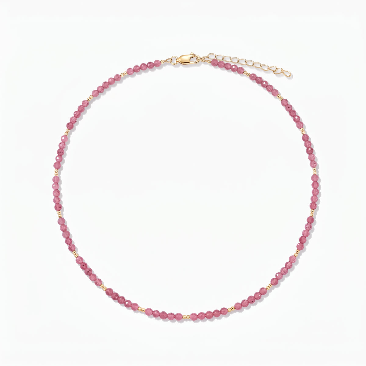 Silver Necklace Golden SummerScape - Tourmaline by Indira: a pink tourmaline beaded necklace with small gold accents and a lobster clasp with extender, on a white background.