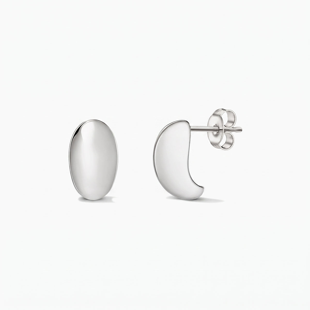Polished silver Half Dome stud earrings with butterfly backs, shown in front and side views on a white background.