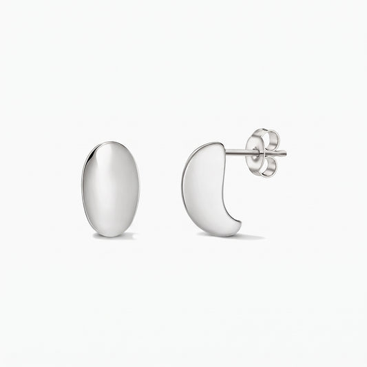 Polished silver Half Dome stud earrings with butterfly backs, shown in front and side views on a white background.