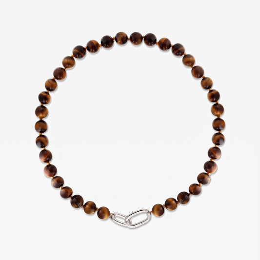 Mareille sterling silver necklace with round tiger's eye beads and an oval link clasp on a white background.