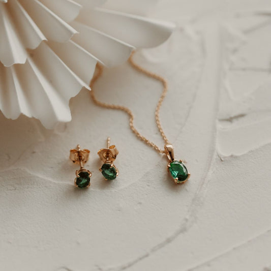 Golden Reina Silver Earrings - Green Zirconia