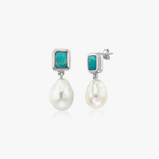 Antique Silver Earrings - Turquoise, Natural Pearls