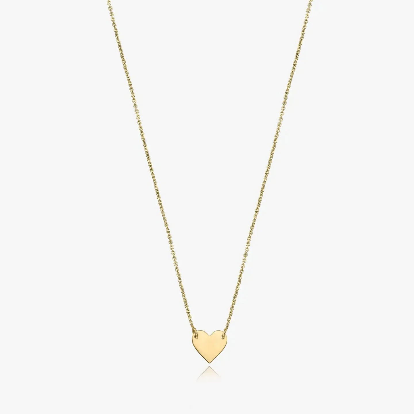 14K gold necklace featuring a heart-shaped pendant on a white background.